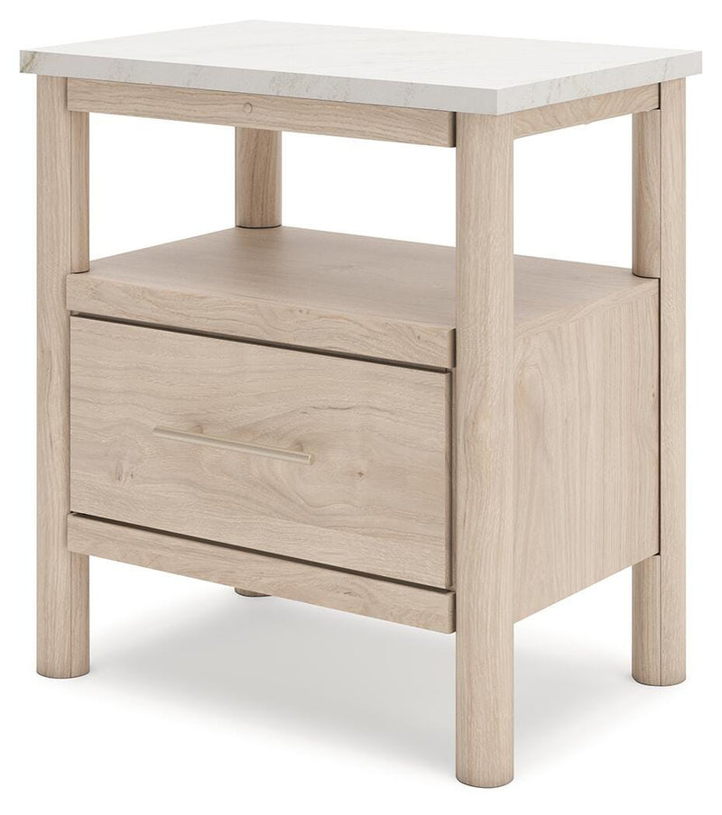 Ashley Furniture Cadmori nightstand with a dark wood finish, featuring a single drawer and open shelf for bedroom storage.