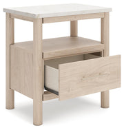 Ashley Furniture Cadmori nightstand with open drawer and side view, featuring a sleek modern design in a dark wood finish.