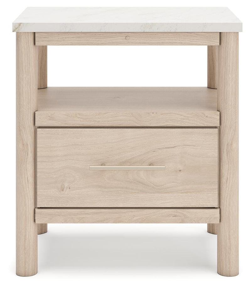 Ashley Furniture Cadmori nightstand with a sleek wood finish and modern design, featuring a single drawer and open shelf.