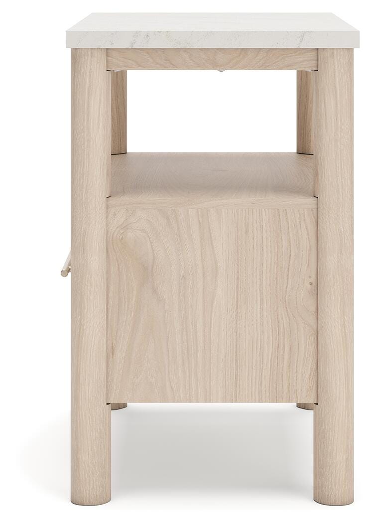 Ashley Furniture Cadmori nightstand with a modern wooden design featuring a single drawer and open shelf.