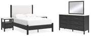 Ashley Furniture Cadmori bedroom set includes a bed, dresser, and nightstands with a modern design and wood finish.