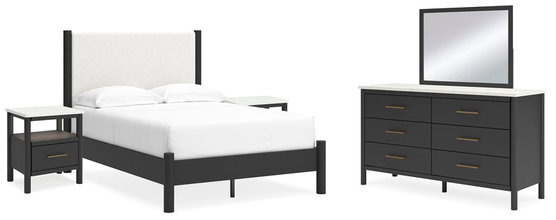 Ashley Furniture Cadmori bedroom set includes a bed, dresser, and nightstands with a modern design and wood finish.