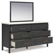 Ashley Furniture Cadmori bedroom set with bed frame, nightstands, and dresser, styled in a modern bedroom scene.