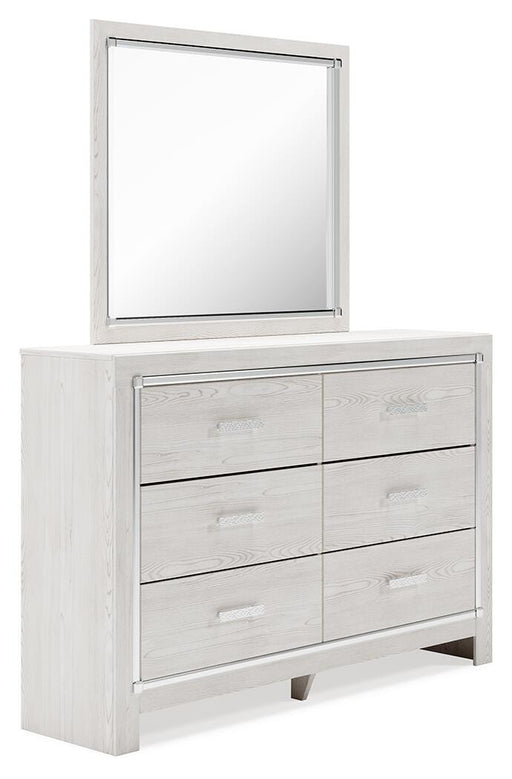 Ashley Furniture Altyra dresser with matching mirror, showcasing a modern wood finish and sleek design from a side angle.