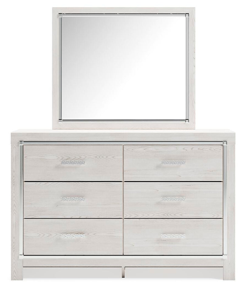 Altyra dresser and mirror by Ashley Furniture showing a sleek wooden dresser with matching mirror in a modern bedroom setting.