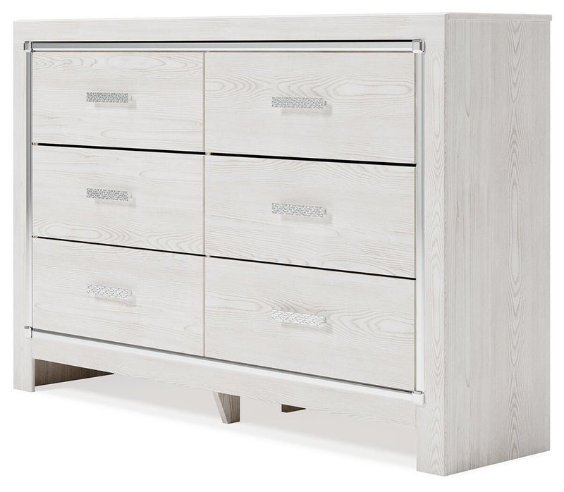 Ashley Furniture Altyra dresser with multiple drawers, finished in a warm wood tone, shown from an angled side view.
