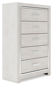 Ashley Furniture Altyra chest of drawers with a dark wood finish, showing a side angle with multiple drawers and modern design.