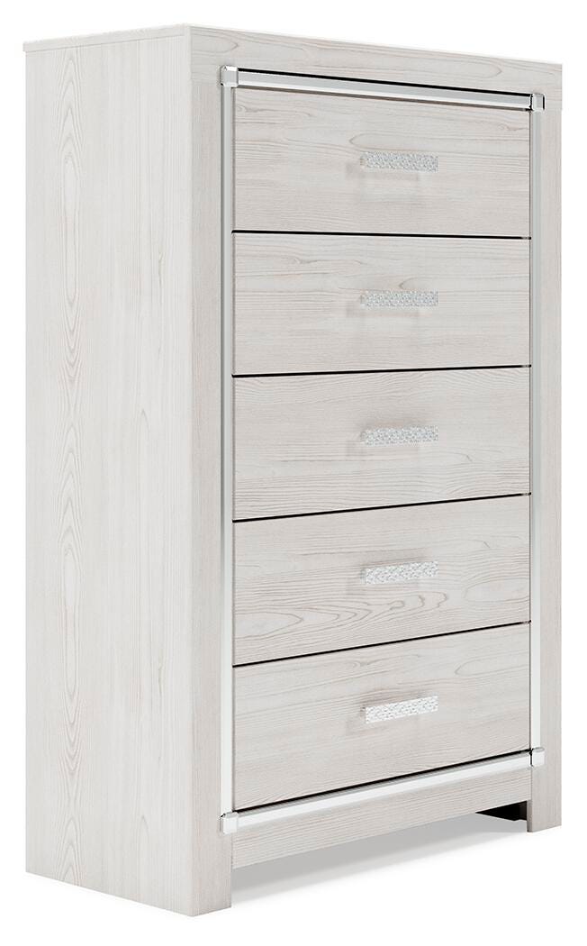 Ashley Furniture Altyra chest of drawers with a dark wood finish, showing a side angle with multiple drawers and modern design.