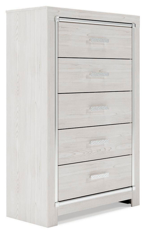Ashley Furniture Altyra chest of drawers with a dark wood finish, showing a side angle with multiple drawers and modern design.