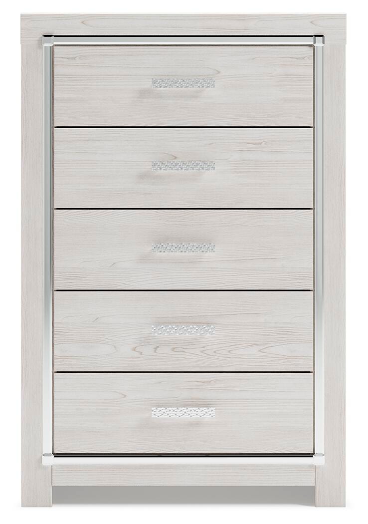 Ashley Furniture Altyra chest of drawers showing a head-on view of the wooden storage piece with multiple drawers.