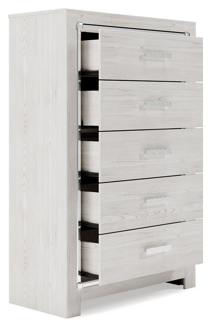 Open-angle view of Ashley Furniture Altyra Chest of Drawers showing its modern wooden design and multiple storage drawers.