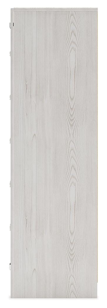 Ashley Furniture Altyra chest of drawers with a sleek wooden finish and modern design, shown from the side view.
