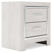 Ashley Furniture Altyra nightstand with a closed drawer and sleek wooden finish, shown from an angled side view.