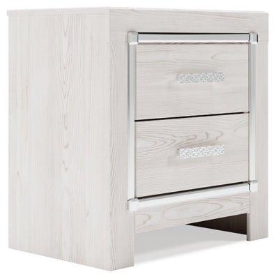 Ashley Furniture Altyra nightstand with a closed drawer and sleek wooden finish, shown from an angled side view.