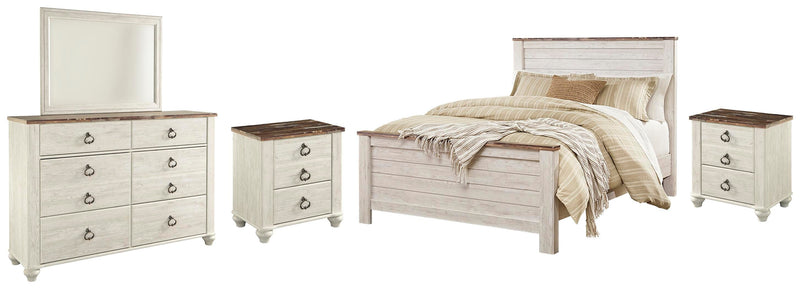 Ashley Furniture Willowton bedroom set featuring a bed, nightstands, and dresser in a classic, elegant design.