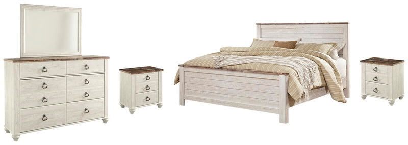 Ashley Furniture Willowton Bedroom Set featuring a bed, matching nightstands, and dresser in a modern bedroom design.