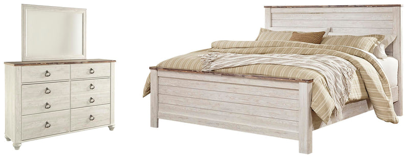 Ashley Furniture Willowton Bedroom Set featuring a bed, nightstands, and dresser in a classic bedroom design.