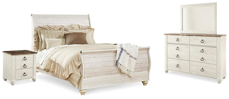 Ashley Furniture Willowton Bedroom Set featuring a bed frame, matching nightstands, and dresser in a modern bedroom design.
