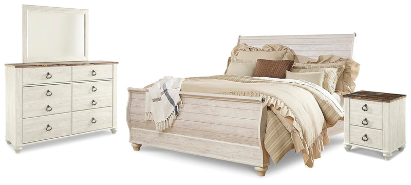 Ashley Furniture Willowton bedroom set with a sleek bed frame, nightstands, and dresser in a modern bedroom design.