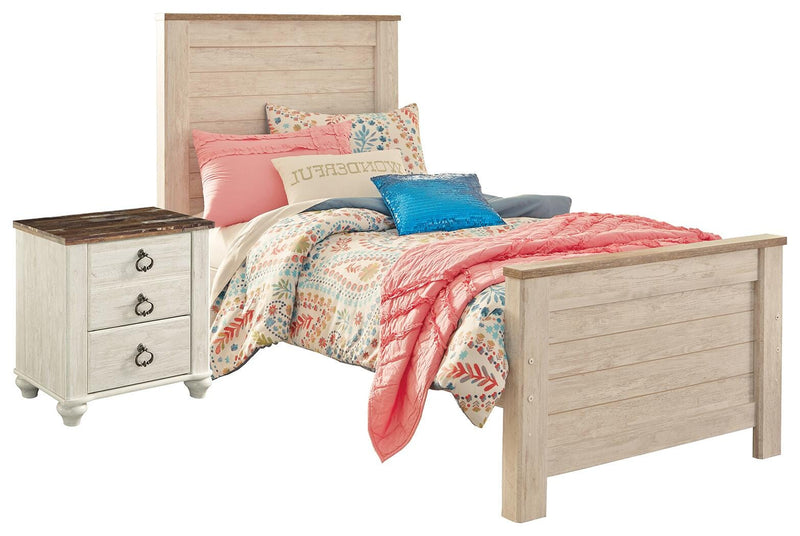 Ashley Furniture Willowton bedroom set including bed frame, nightstands, and dresser in a modern bedroom design.
