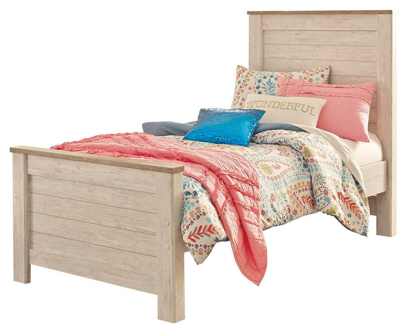 Ashley Furniture Willowton bedroom set featuring a bed, nightstands, and dresser with a modern wood finish and elegant design.