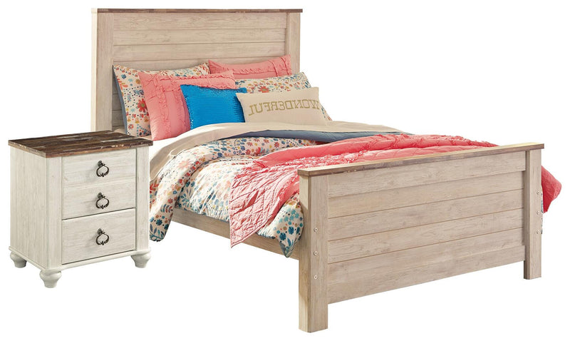 Ashley Furniture Willowton Bedroom Set featuring a bed frame, nightstands, and dresser in a stylish bedroom interior.