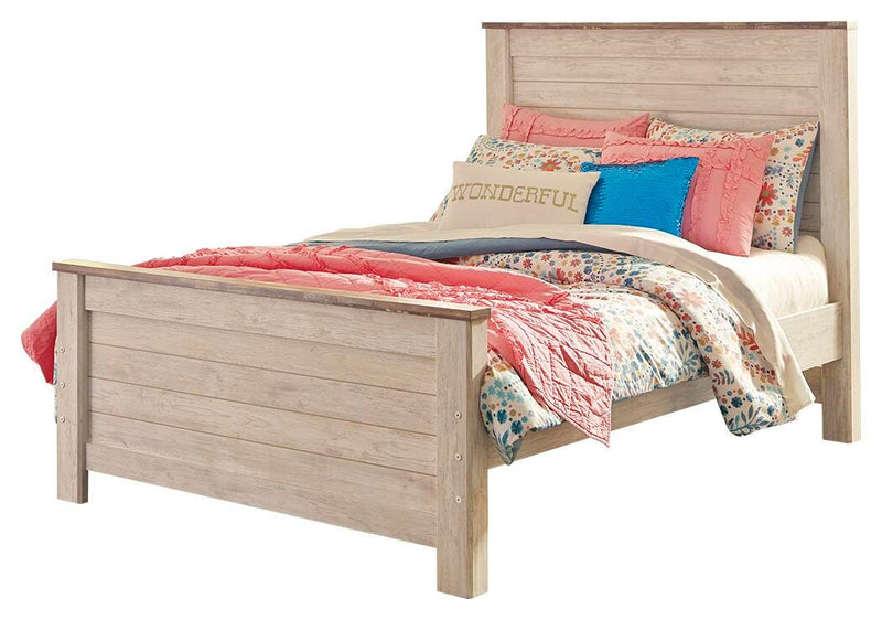 Ashley Furniture Willowton bedroom set featuring a bed, nightstands, and dresser with a classic wood finish.