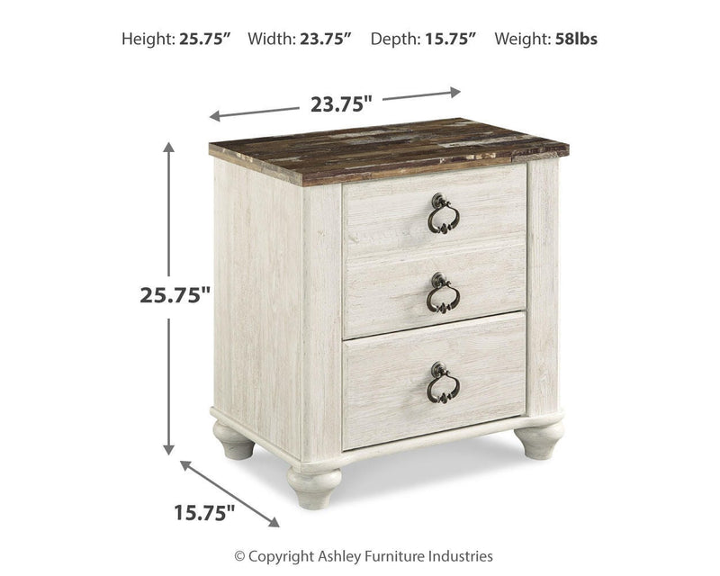 Ashley Furniture Willowton bedroom set featuring a bed frame, matching dresser, and nightstands in a stylish bedroom setting.