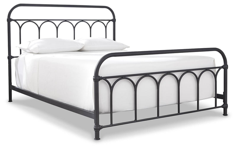 Ashley Furniture Nashburg Queen Mattress Set with matching bed frame and bedding, angled view showcasing the elegant bedroom design.
