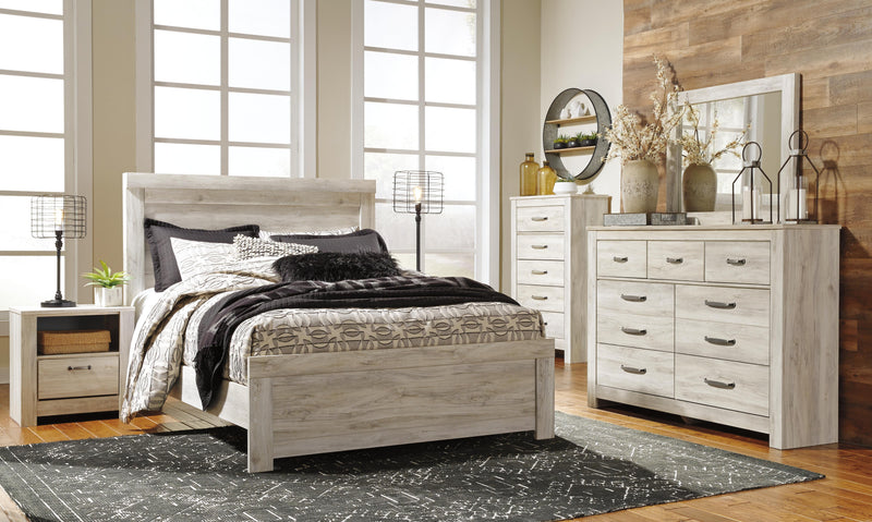 Ashley Furniture Bellaby bedroom set featuring a bed, nightstands, dresser, and mirror in a modern, coordinated bedroom design.