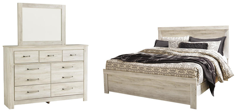 Ashley Furniture Bellaby bedroom set with a bed, nightstands, and dresser in a modern design, shown in a cozy bedroom setting.