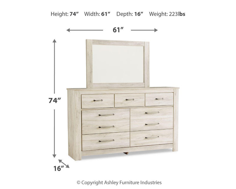 Ashley Furniture Bellaby bedroom set featuring a bed, matching nightstands, and dresser with modern design and neutral finish.
