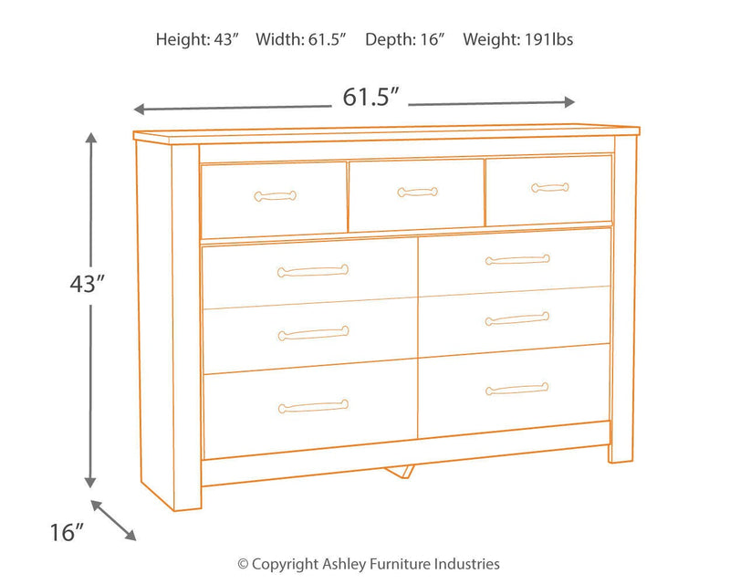 Bellaby dresser by Ashley Furniture featuring a sleek modern design with multiple drawers and a dark wood finish.