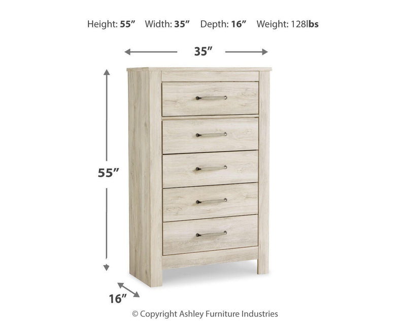 Ashley Furniture Bellaby chest of drawers with a modern design, featuring multiple drawers and a dark finish.
