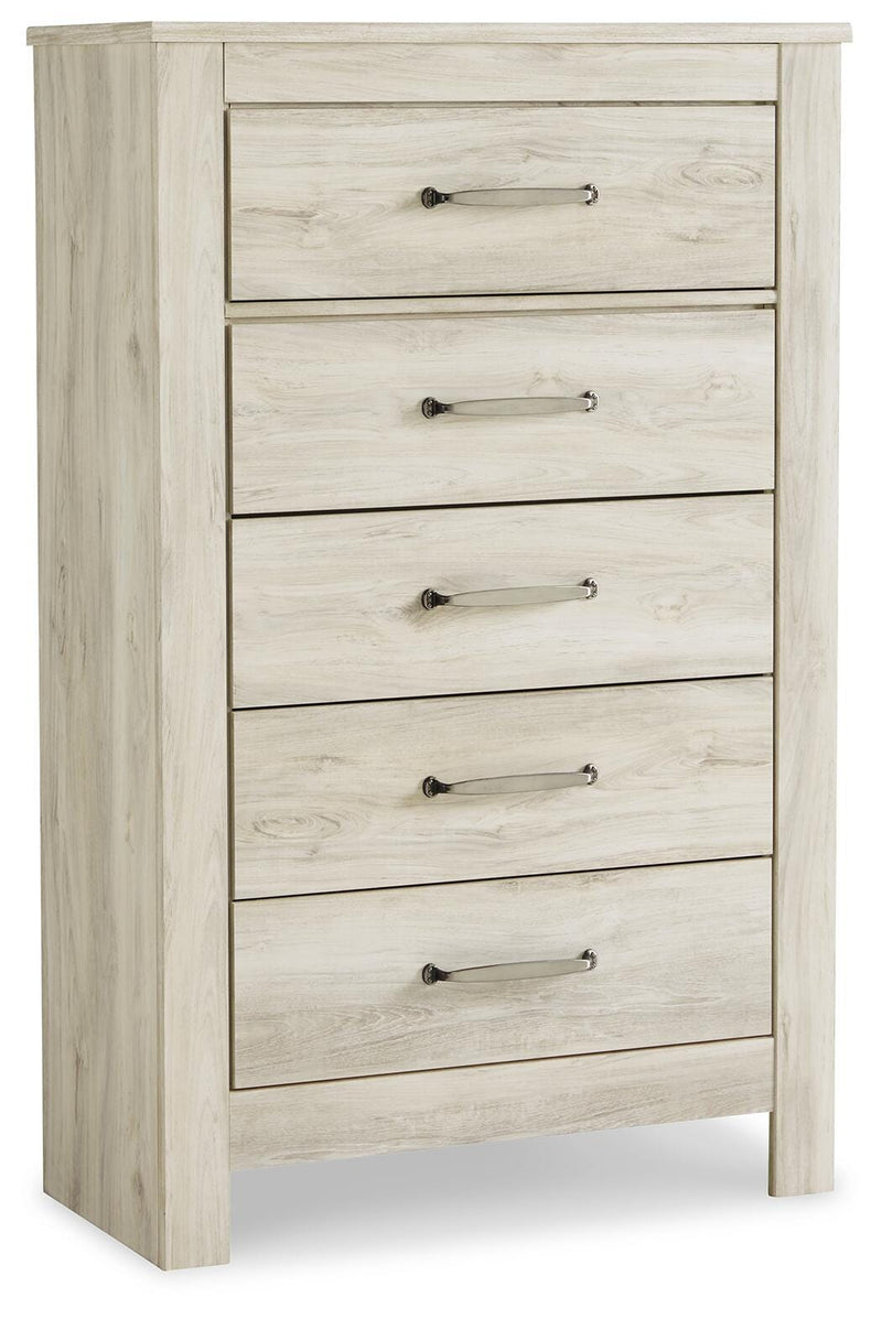 Ashley Furniture Bellaby Chest of Drawers, wooden storage chest with multiple drawers, in a modern bedroom setting.