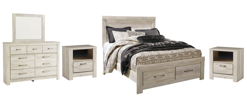Ashley Furniture Bellaby bedroom set featuring a bed frame, nightstands, and dresser with a modern design and neutral finish.