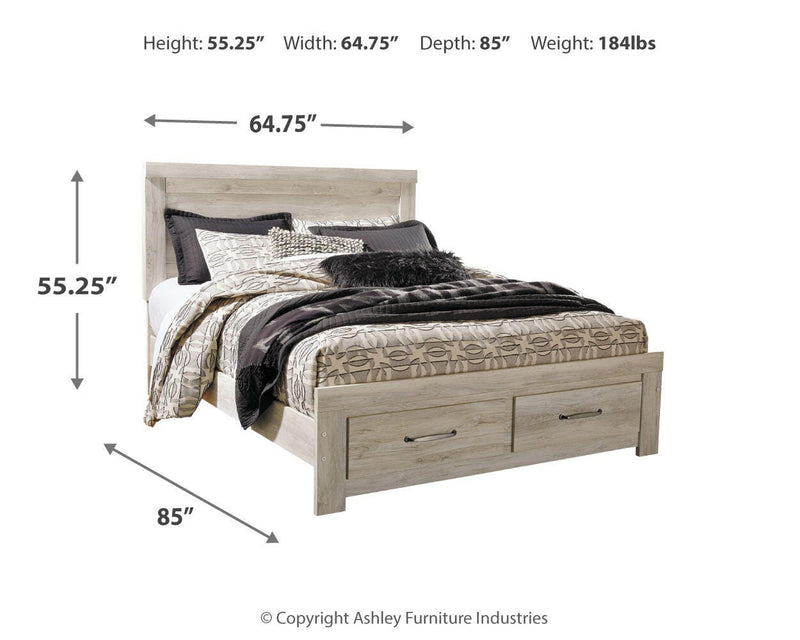 Ashley Furniture Bellaby bed with two storage drawers, showcasing a modern bed frame with built-in under-bed storage drawers.