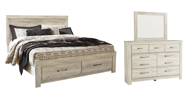 Ashley Furniture Bellaby bedroom set with a bed, dresser, and nightstands in a modern design, shown in a stylish bedroom setting.