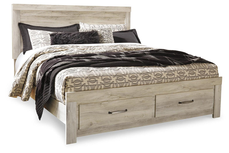 Ashley Furniture Bellaby bed with two storage drawers, showcasing a modern wooden bed frame with clean lines and built-in storage.