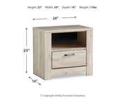 Ashley Furniture Bellaby nightstand with a dark wood finish and modern design, featuring a single drawer and open shelf.
