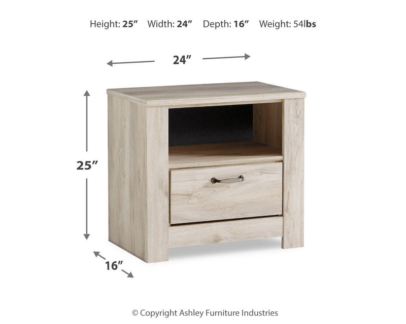 Ashley Furniture Bellaby nightstand with a dark wood finish and modern design, featuring a single drawer and open shelf.