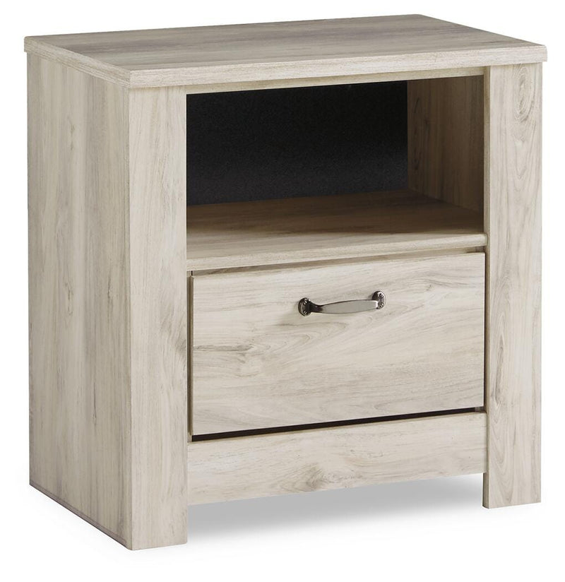 Ashley Furniture Bellaby nightstand with a dark wood finish and sleek drawer handle, shown with a modern bedroom setting