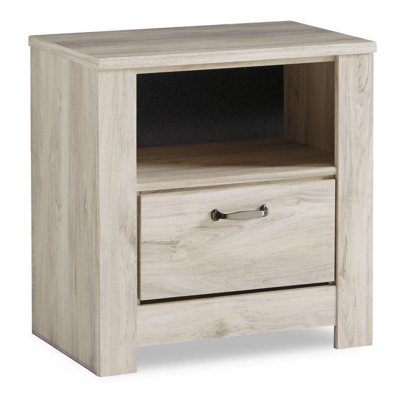 Ashley Furniture Bellaby nightstand with a sleek wooden finish and modern design, featuring a single drawer and open shelf.