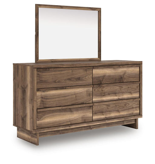 Ashley Furniture Chirason dresser with matching mirror, featuring a modern wood finish and sleek hardware, shown from an angled view.