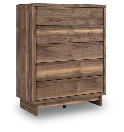Ashley Furniture Chirason wide chest of drawers with six spacious drawers and a dark wood finish, angled view.