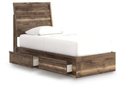 Ashley Furniture Chirason Bed with a wooden frame, showcasing a modern design and angled open headboard in a bedroom setting.