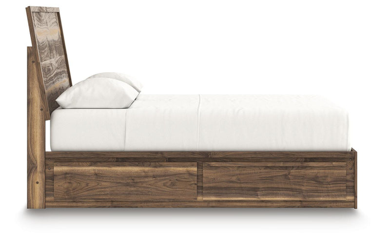 Ashley Furniture Chirason Bed with a sleek wooden frame and modern design, shown from a side angle.