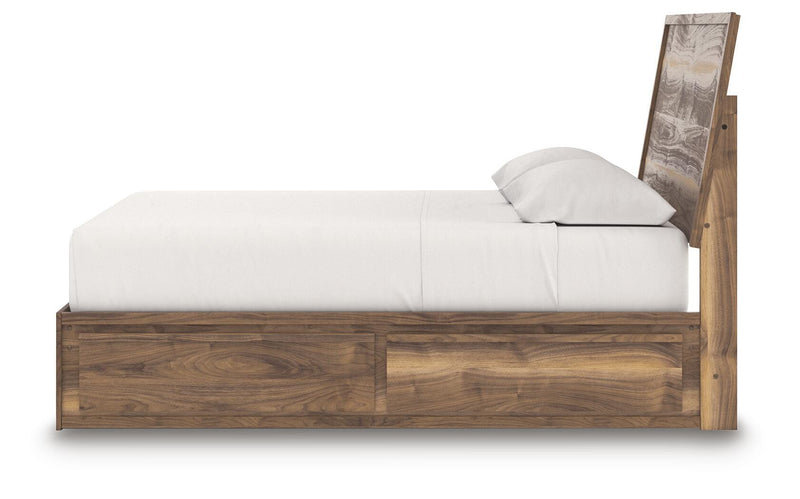 Ashley Furniture Chirason Bed with a sleek wood frame, detailed headboard, and neutral finish in a modern bedroom setting.