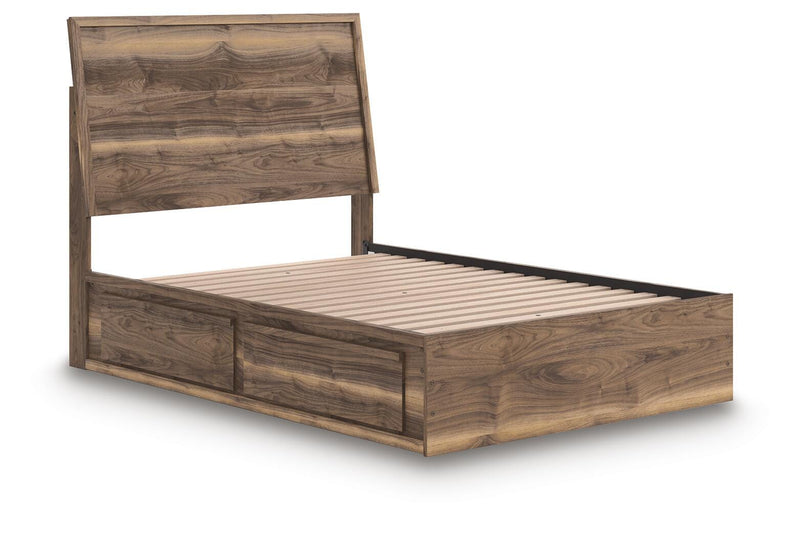 Ashley Furniture Chirason Bed with wooden frame and upholstered headboard, shown from an angled side view.