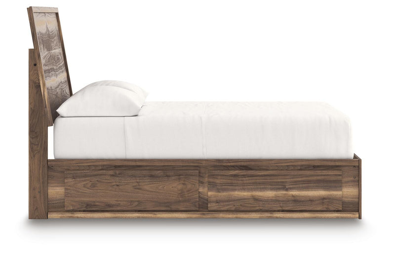 Ashley Furniture Chirason Bed with a wooden frame and upholstered headboard, shown in a light finish with side view.